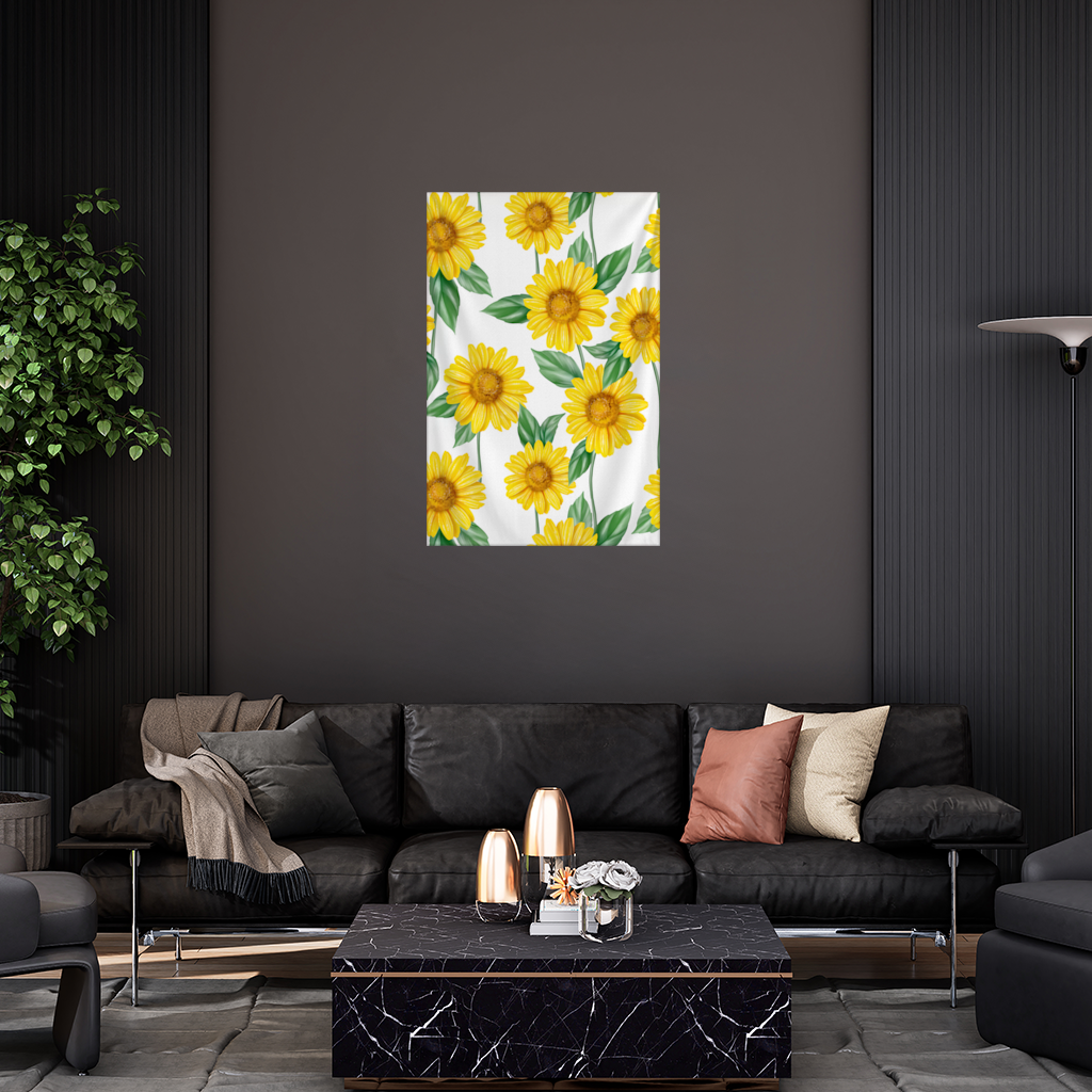 Vibrant Yellow Sunflower and Green Leaf Pattern Illustration Wall Tapestry