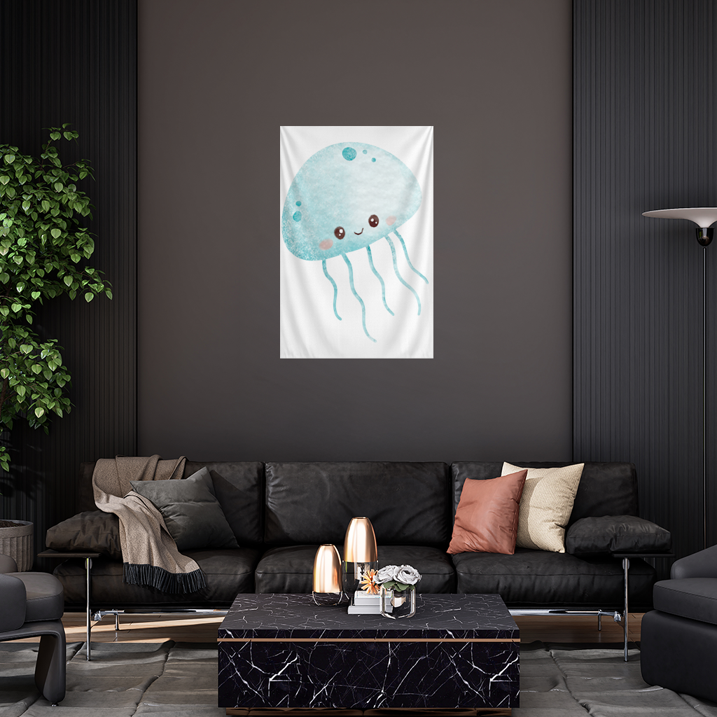 Cute Blue Jellyfish Character Wall Tapestry