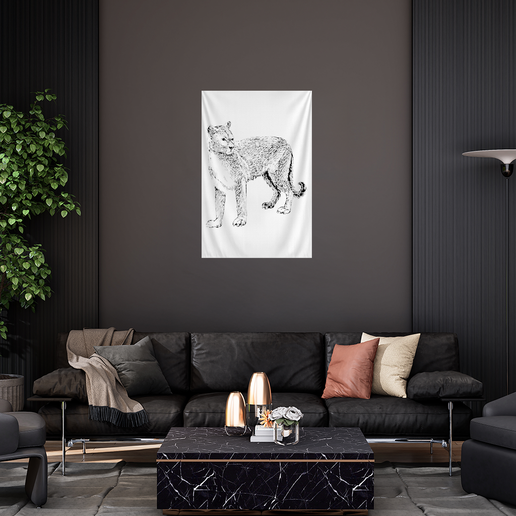 Black and White Wild Cat Sketch Illustration Wall Tapestry