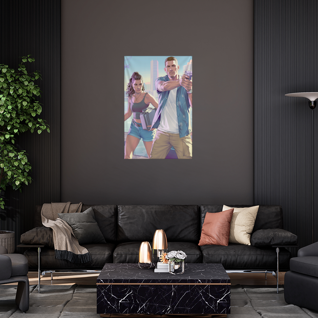 Vice City Showdown Tropical Heist Duo Wall Tapestry