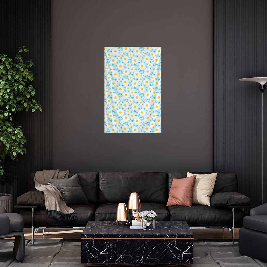Daisy Garden and Turquoise Leaves Pattern Wall Tapestry