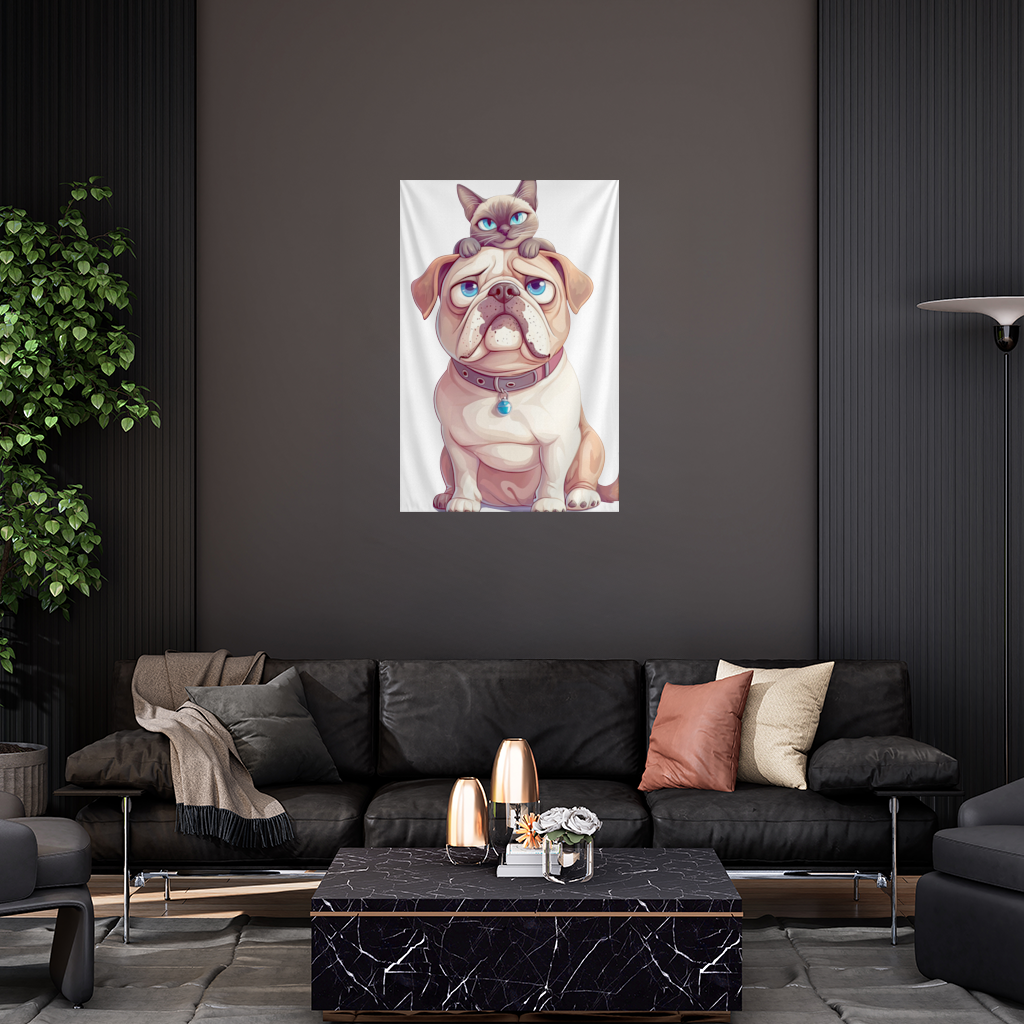 Sad Pug with Siamese Cat on Head Wall Tapestry