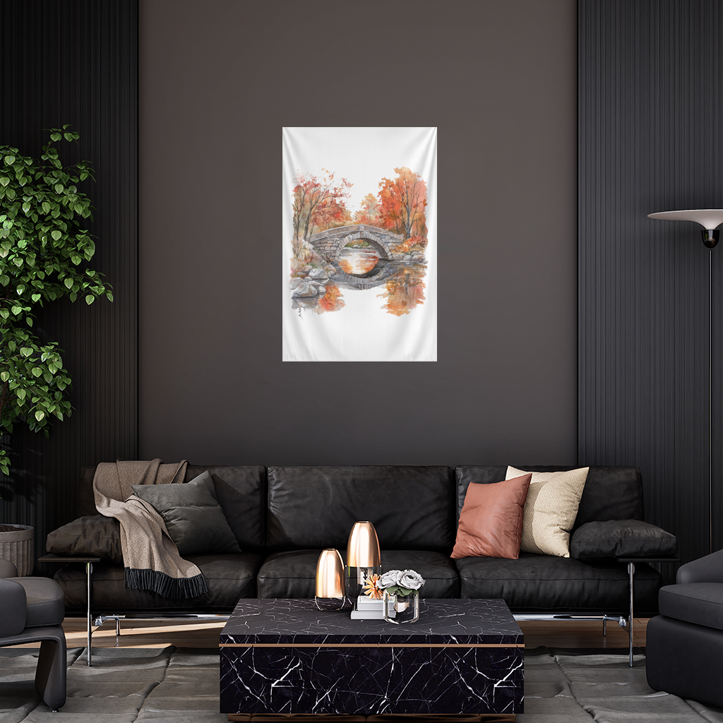 Autumn Stone Arch Bridge Over River Wall Tapestry