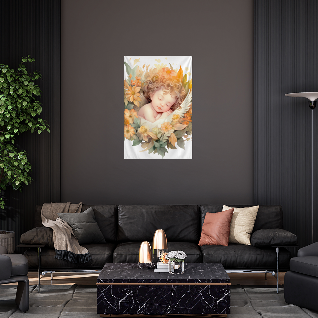Sleeping Cherub in Cottagecore Flowers Wall Tapestry