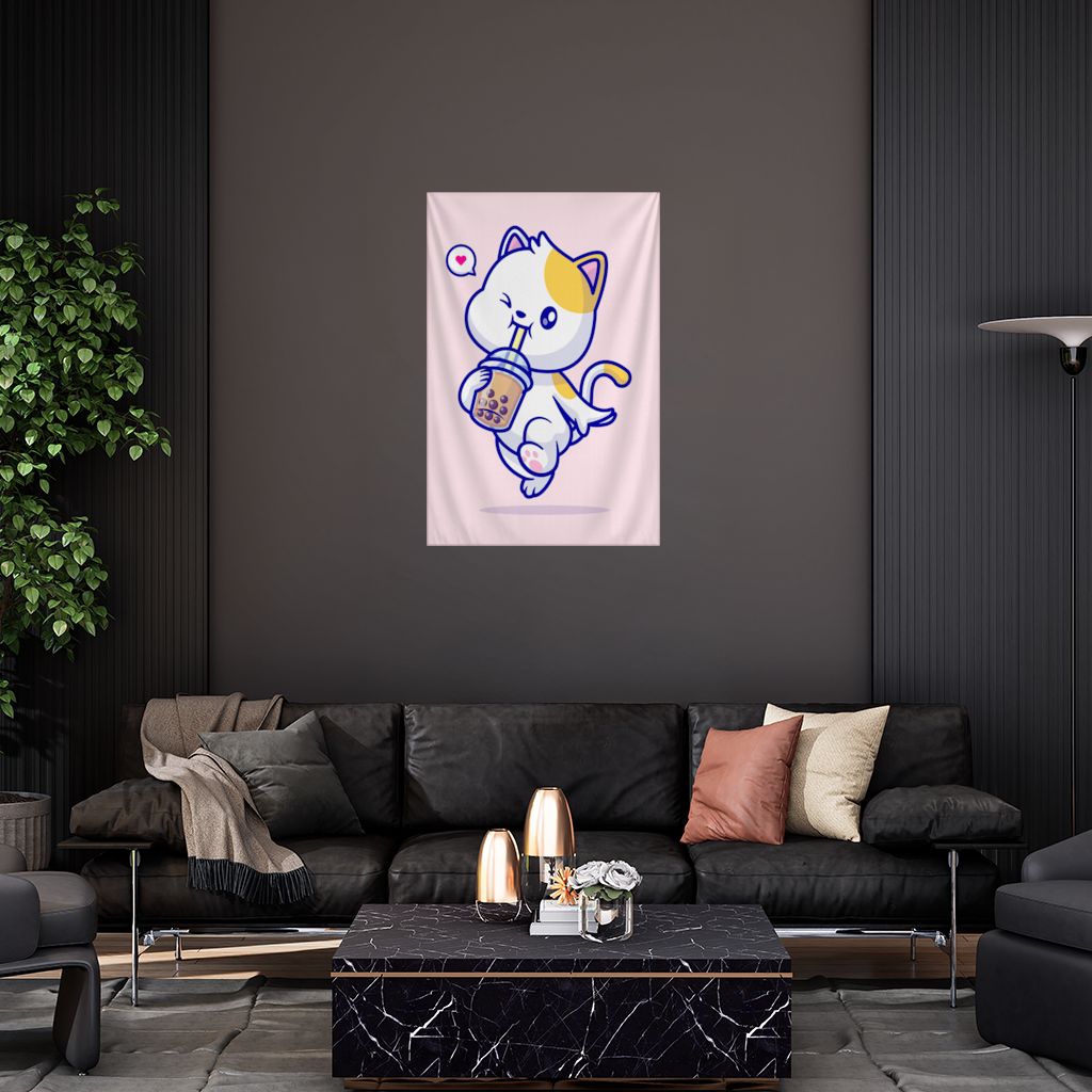 Kawaii Cat Drinking Boba Tea Wall Tapestry