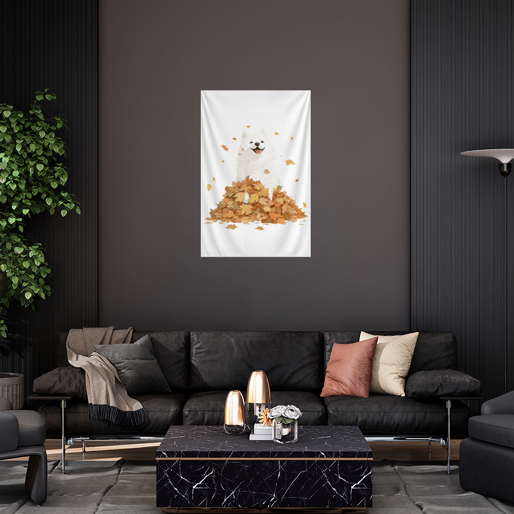 Happy White Dog in Autumn Leaves Wall Tapestry