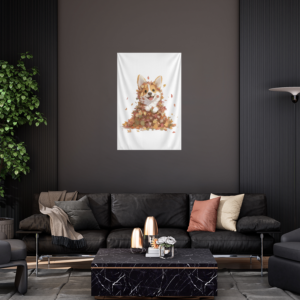 Happy Corgi Puppy in Fall Leaves Wall Tapestry