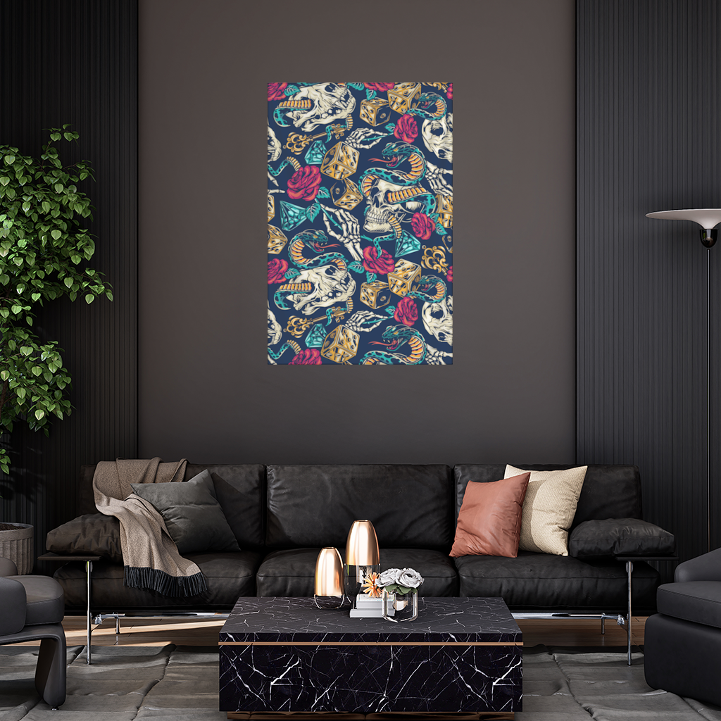 Skull Snake Dice and Roses Pattern Wall Tapestry