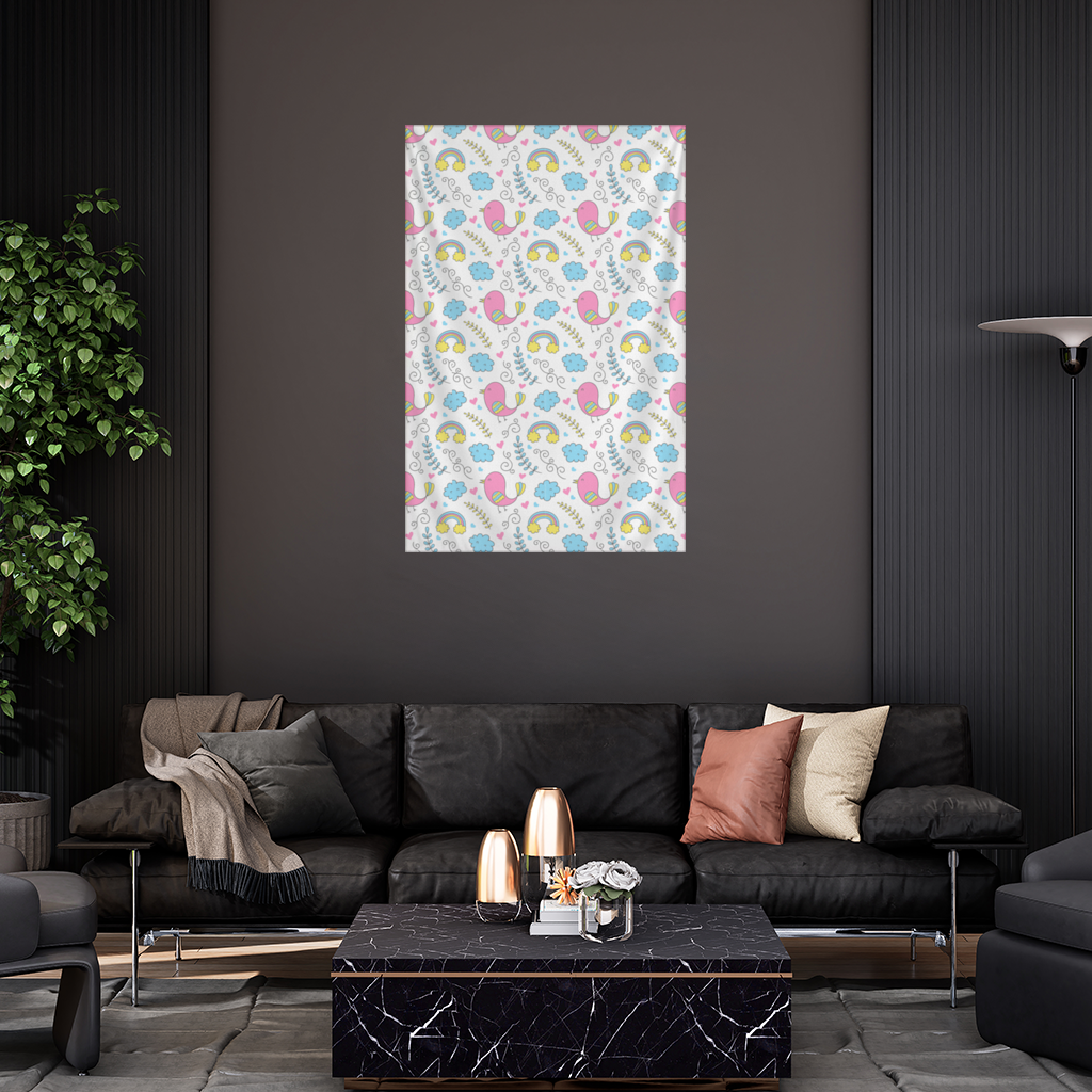 Cute Pink Bird and Rainbow Kids Pattern Wall Tapestry