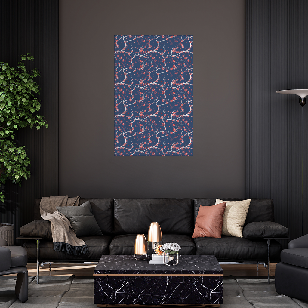 Red Floral Branch Pattern on Navy Background Wall Tapestry