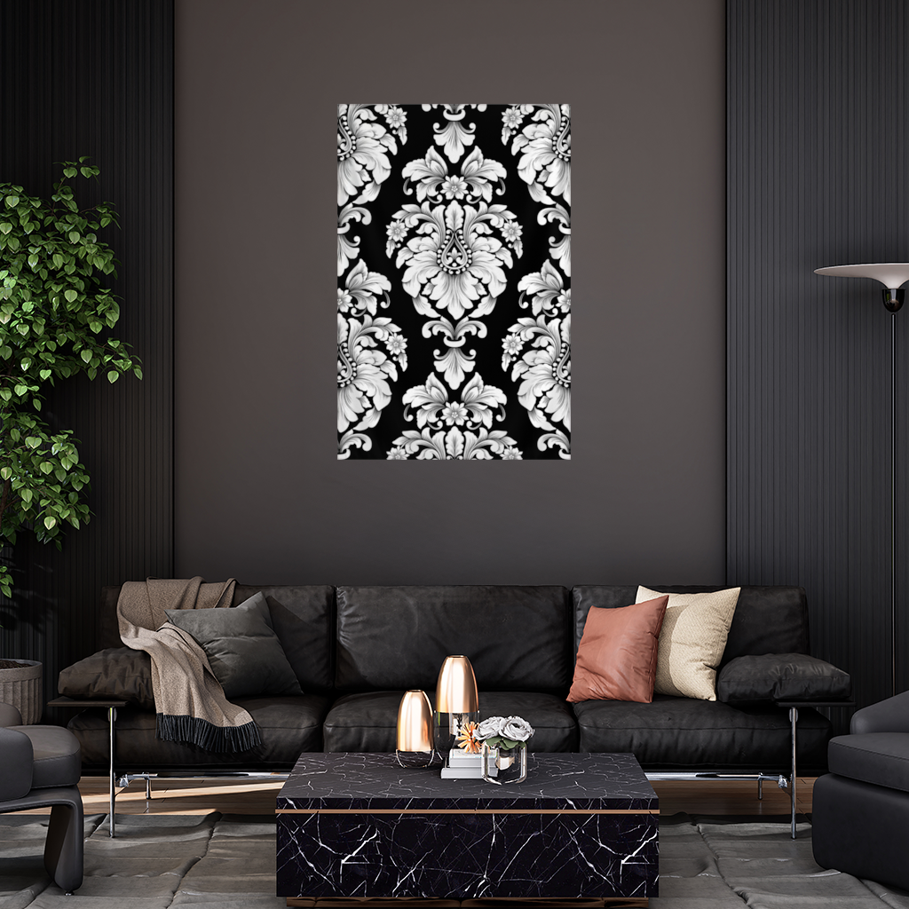 Black and White Baroque Floral Pattern Wall Tapestry