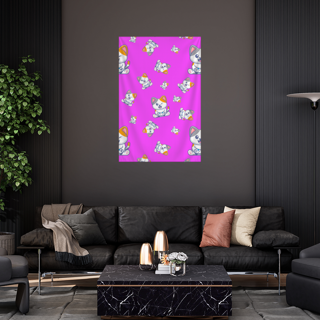 Pembe Zemin Üzerinde Sevimli Çizgi Kedi Deseni Duvar Örtüsü