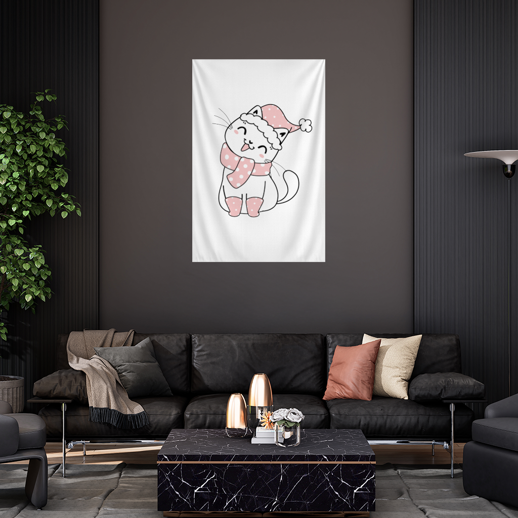 Sevimli Yılbaşı Kedisi Pembe Puantiyeli Çizim Duvar Örtüsü