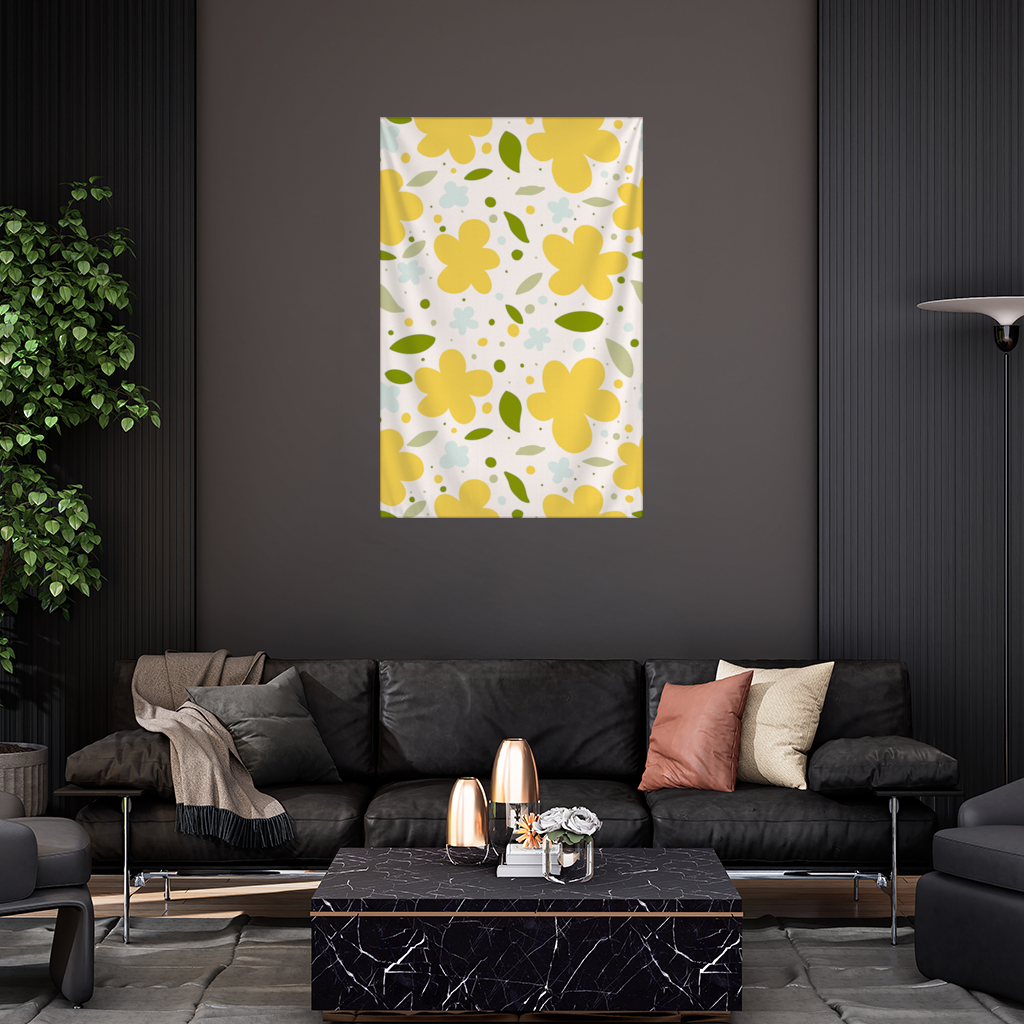Sarı Çiçekli ve Yapraklı Boho Tarzı Dikişsiz Desen Duvar Örtüsü