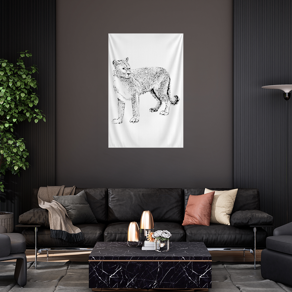 Siyah Beyaz Vahşi Kedi Eskiz Çizimi Duvar Örtüsü