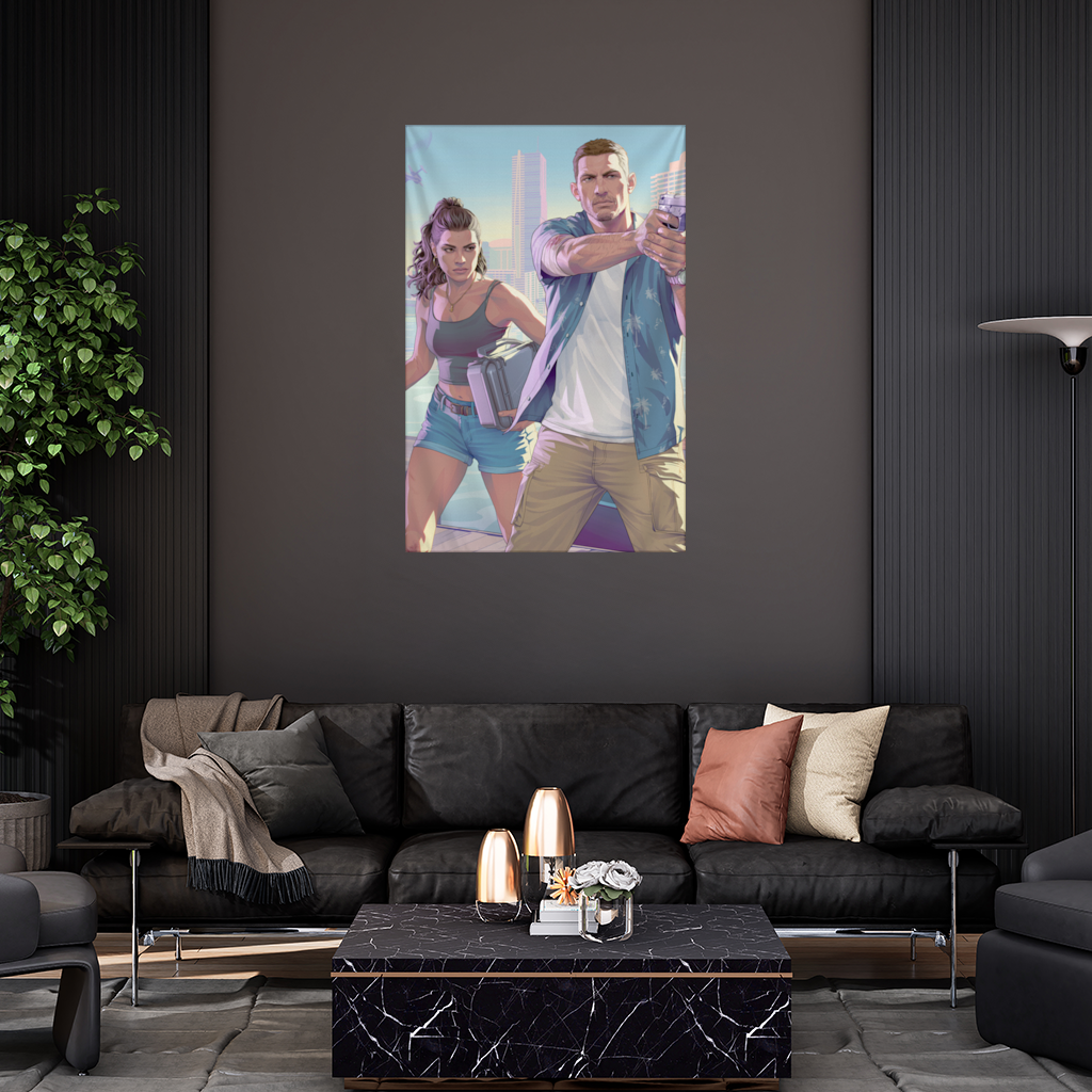 Vice City Showdown Tropical Heist Duo Wall Tapestry