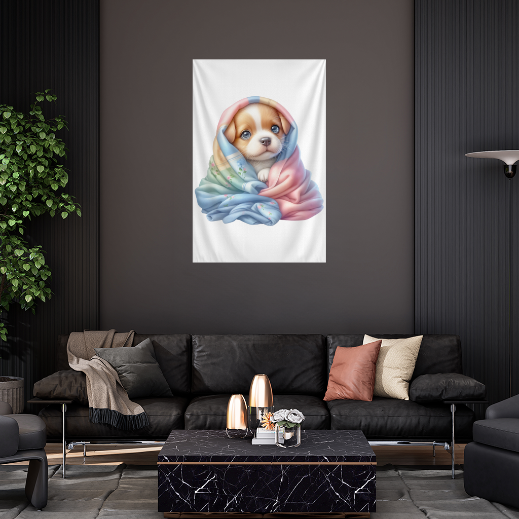 Renkli Battaniyeye Sarılı Yavru Köpek Duvar Örtüsü