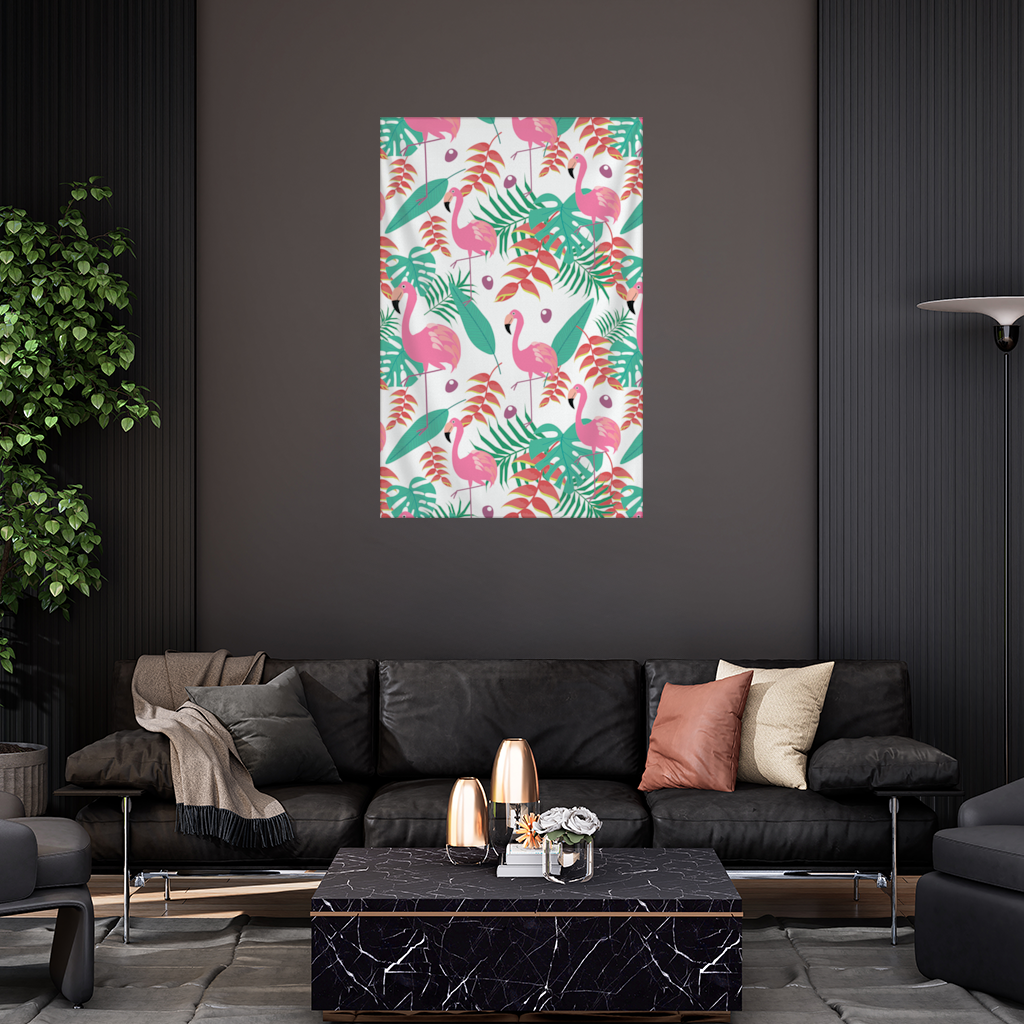Pink Flamingo Tropical Leaves Wall Tapestry
