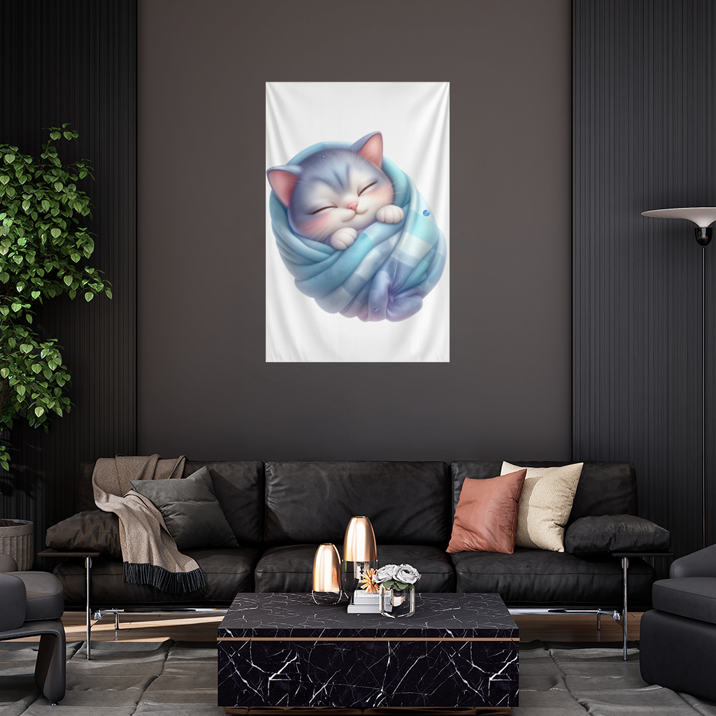 Kawaii Sleeping Kitten in Blue Swaddle Wall Tapestry