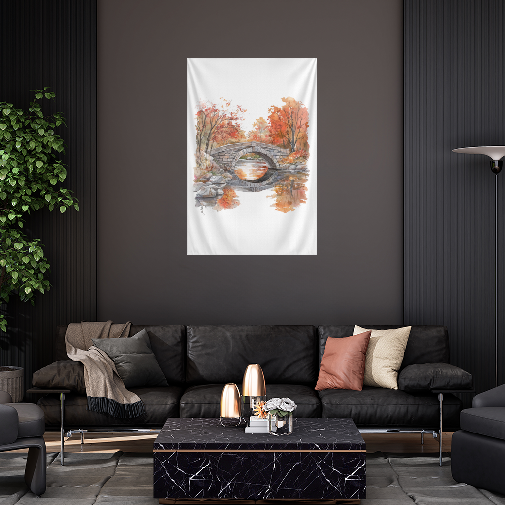 Autumn Stone Arch Bridge Over River Wall Tapestry