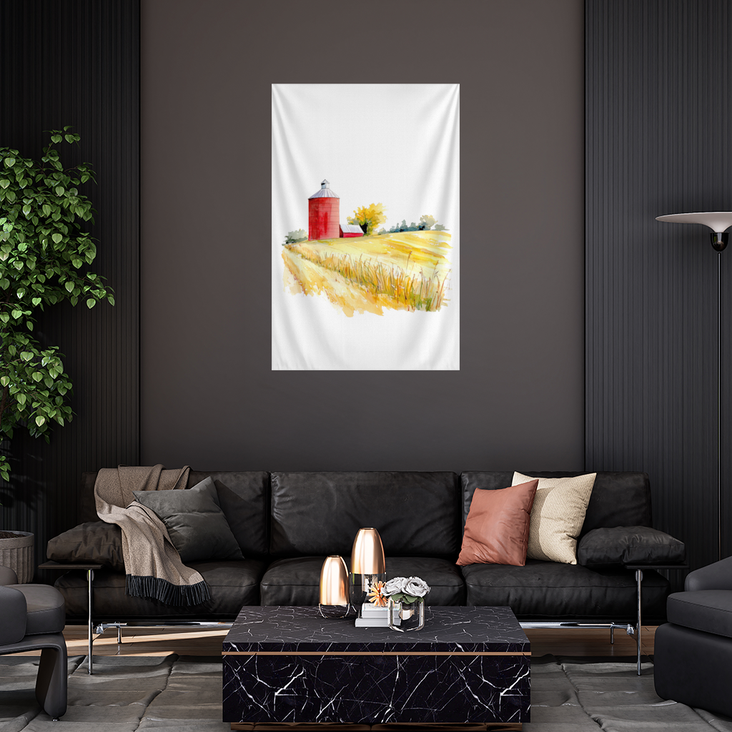 Red Farm Silo and Golden Wheat Field Wall Tapestry