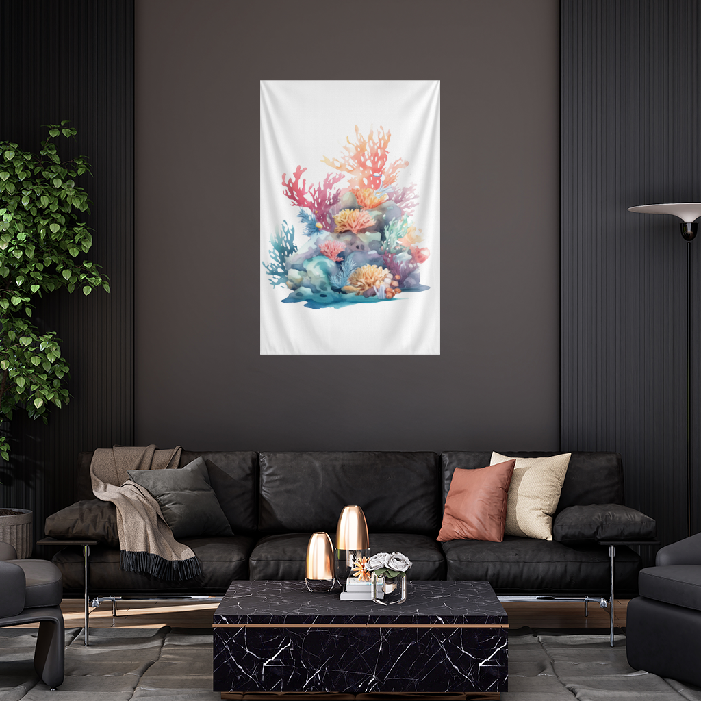 Vibrant Watercolor Coral Reef Scene Wall Tapestry