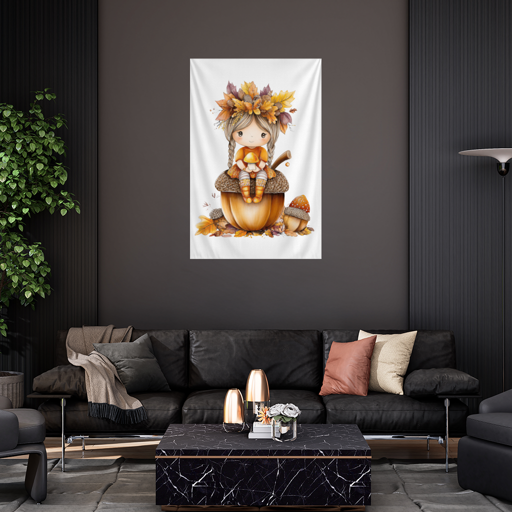Autumn Acorn Mushroom Girl Wall Tapestry