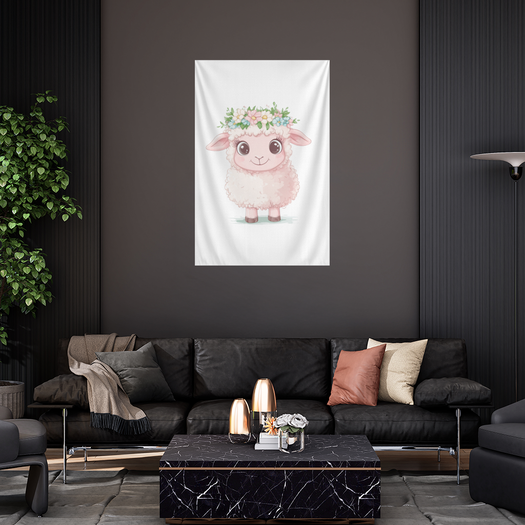 Kawaii Çiçek Taçlı Pembe Kuzu Duvar Örtüsü