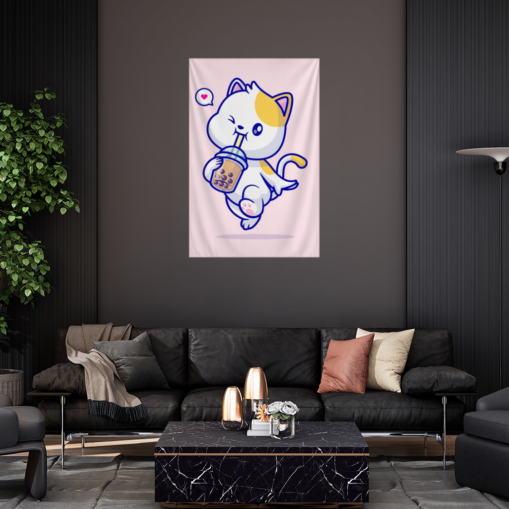 Kawaii Cat Drinking Boba Tea Wall Tapestry