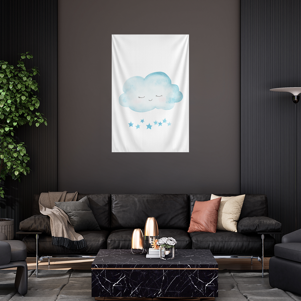 Watercolor Sleepy Cloud and Blue Stars Wall Tapestry