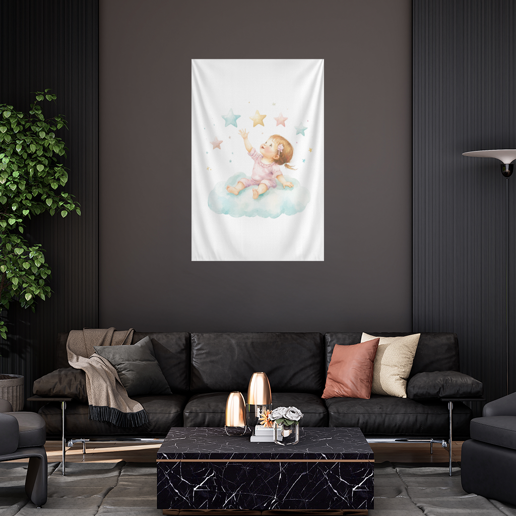 Baby Girl Reaching for Stars on a Cloud Wall Tapestry