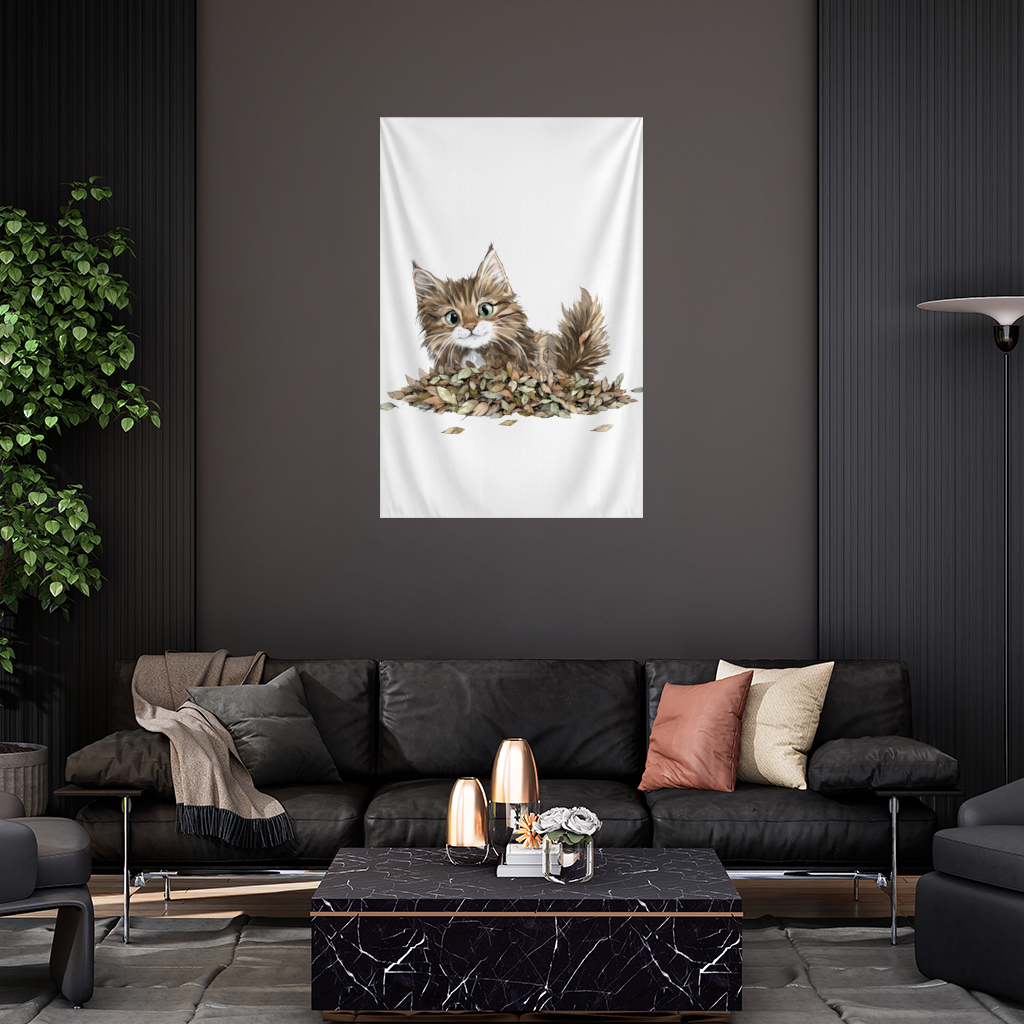 Cute Fluffy Kitten in Autumn Leaves Wall Tapestry