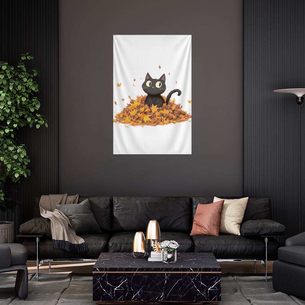 Cute Black Cat in Autumn Leaves Wall Tapestry