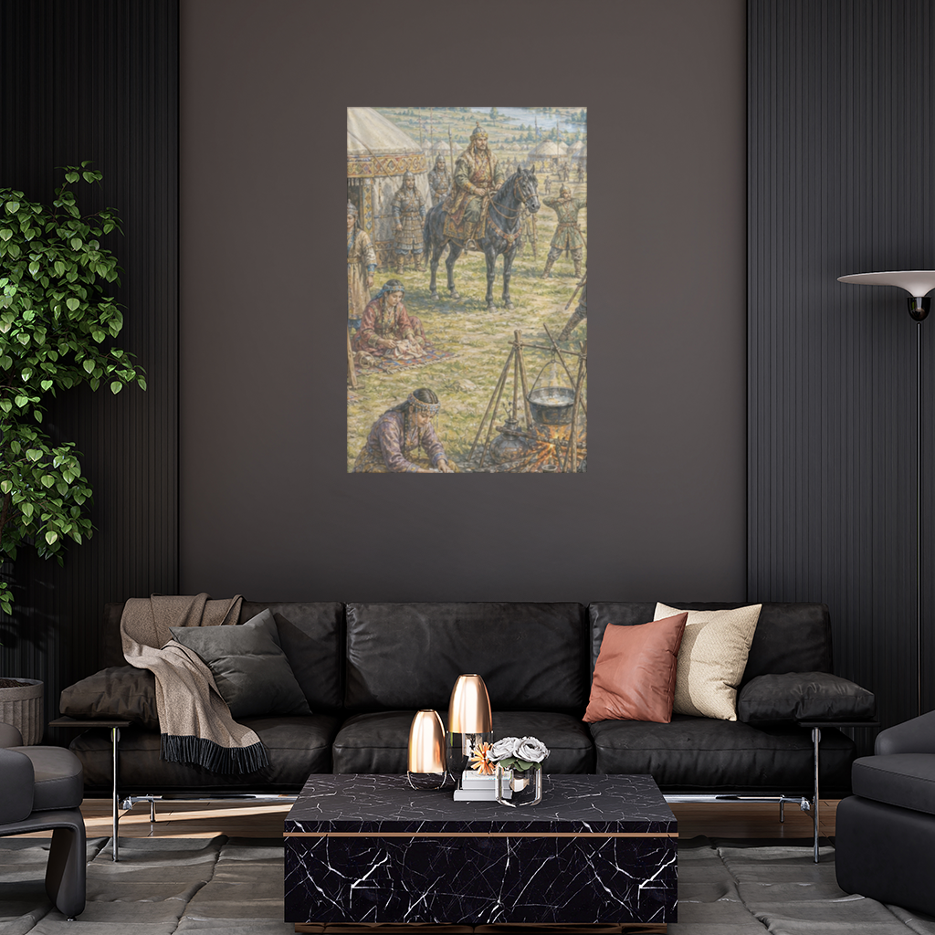 Ancient Steppe Heritage Historic Turkish Camp Scene Art Wall Tapestry
