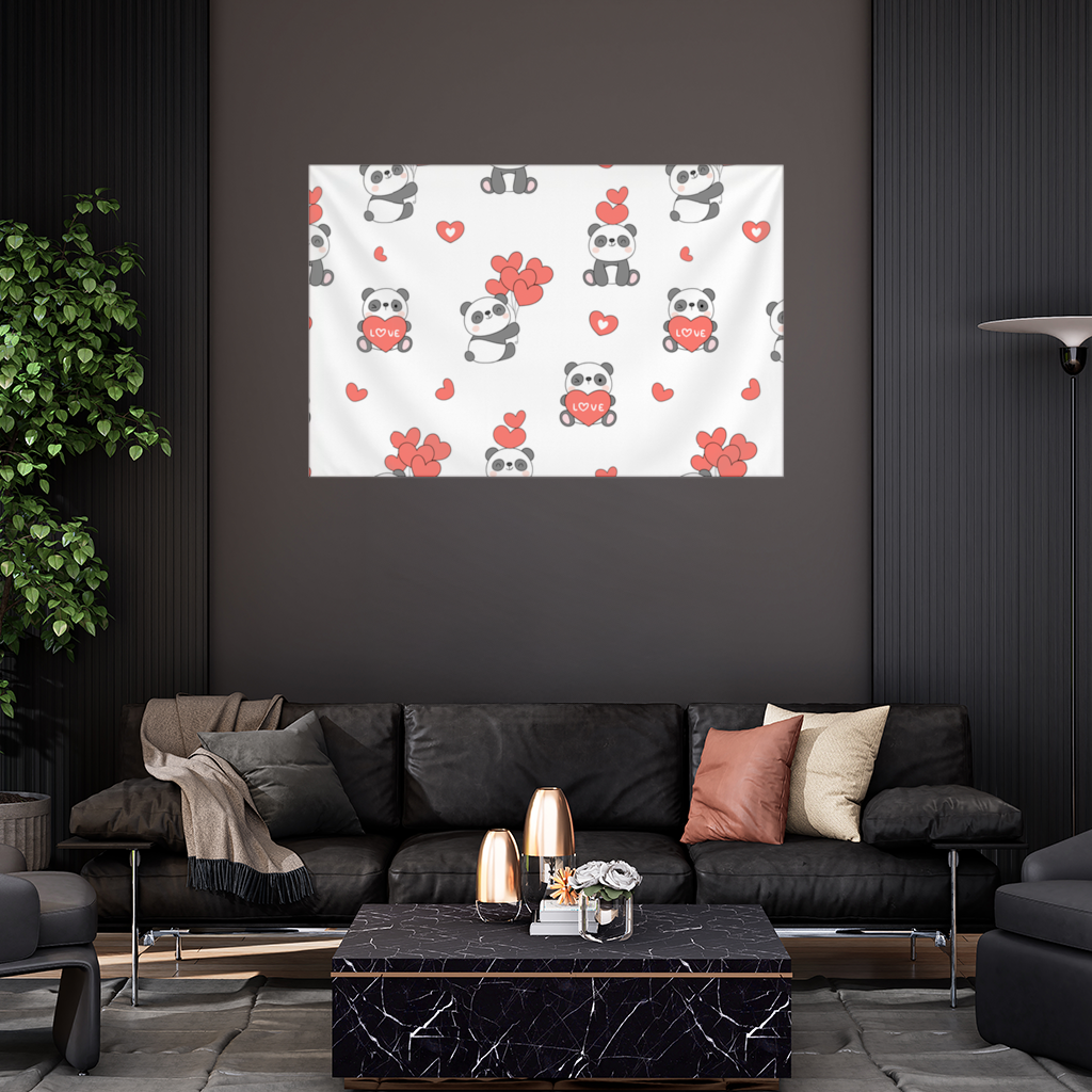 Cute Panda Valentines Day Love Heart Pattern Design Wall Tapestry
