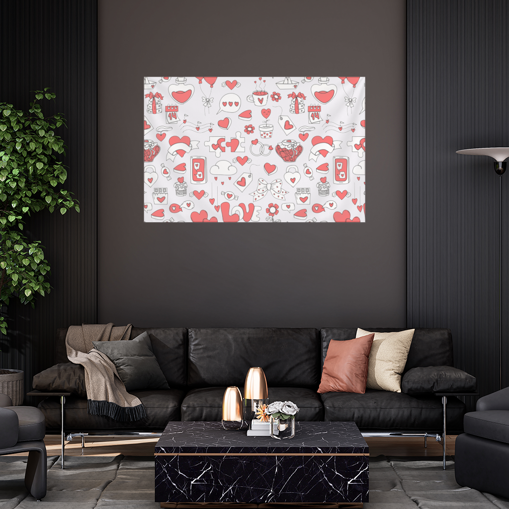 14 Şubat Doodle Aşk Temalı Kalp Desenli Sevgililer Günü Tasarımı Duvar Örtüsü