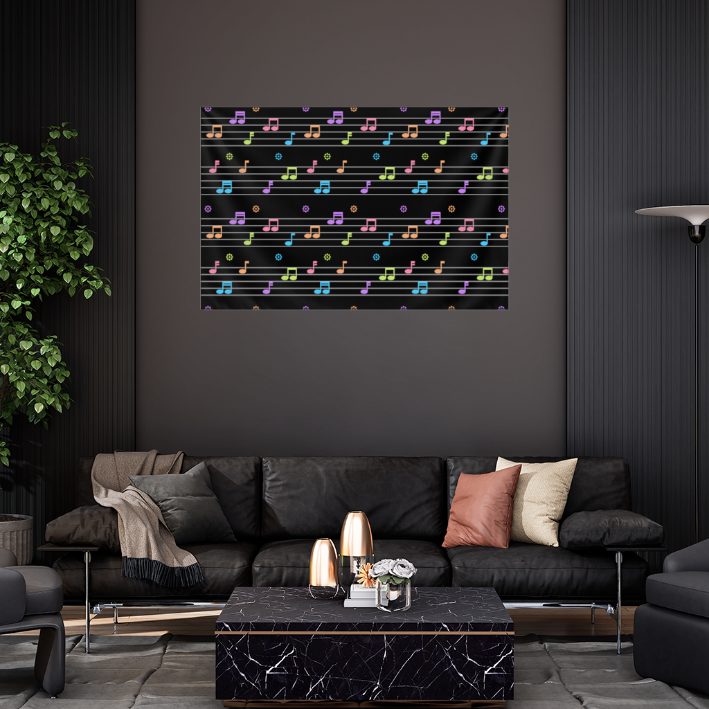 Neon Renkli Müzik Notaları ve Ritim Desenli Modern Tasarım Duvar Örtüsü