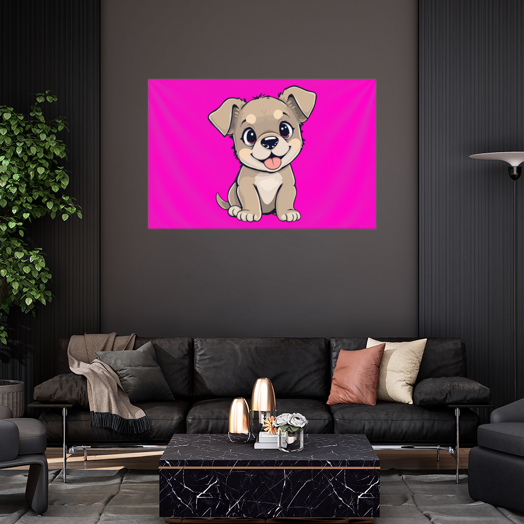 Pembe Arka Planlı Sevimli Köpek Çizimi Duvar Örtüsü