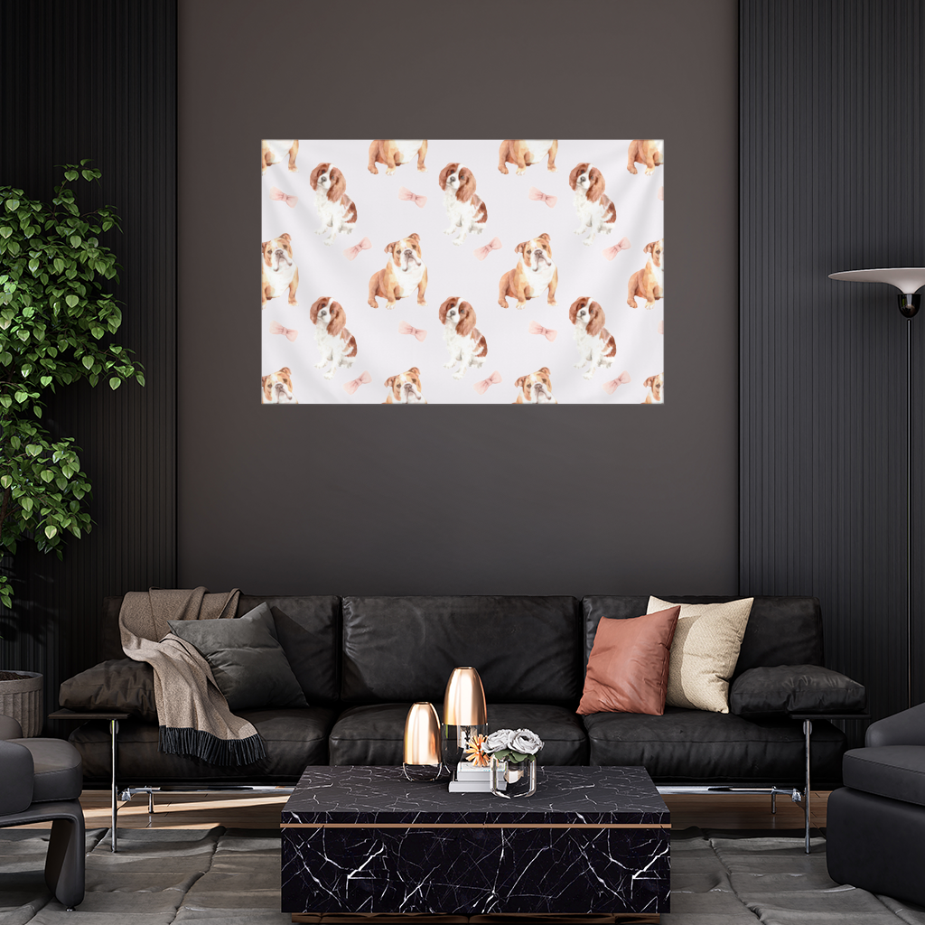 Watercolor English Bulldog and Cavalier Puppy Pattern Wall Tapestry
