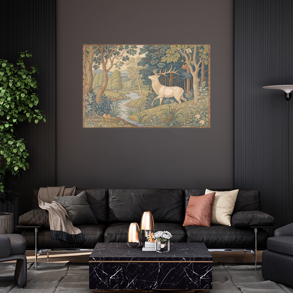 Noble Deer in Forest Landscape Classic Art Illustration Wall Tapestry