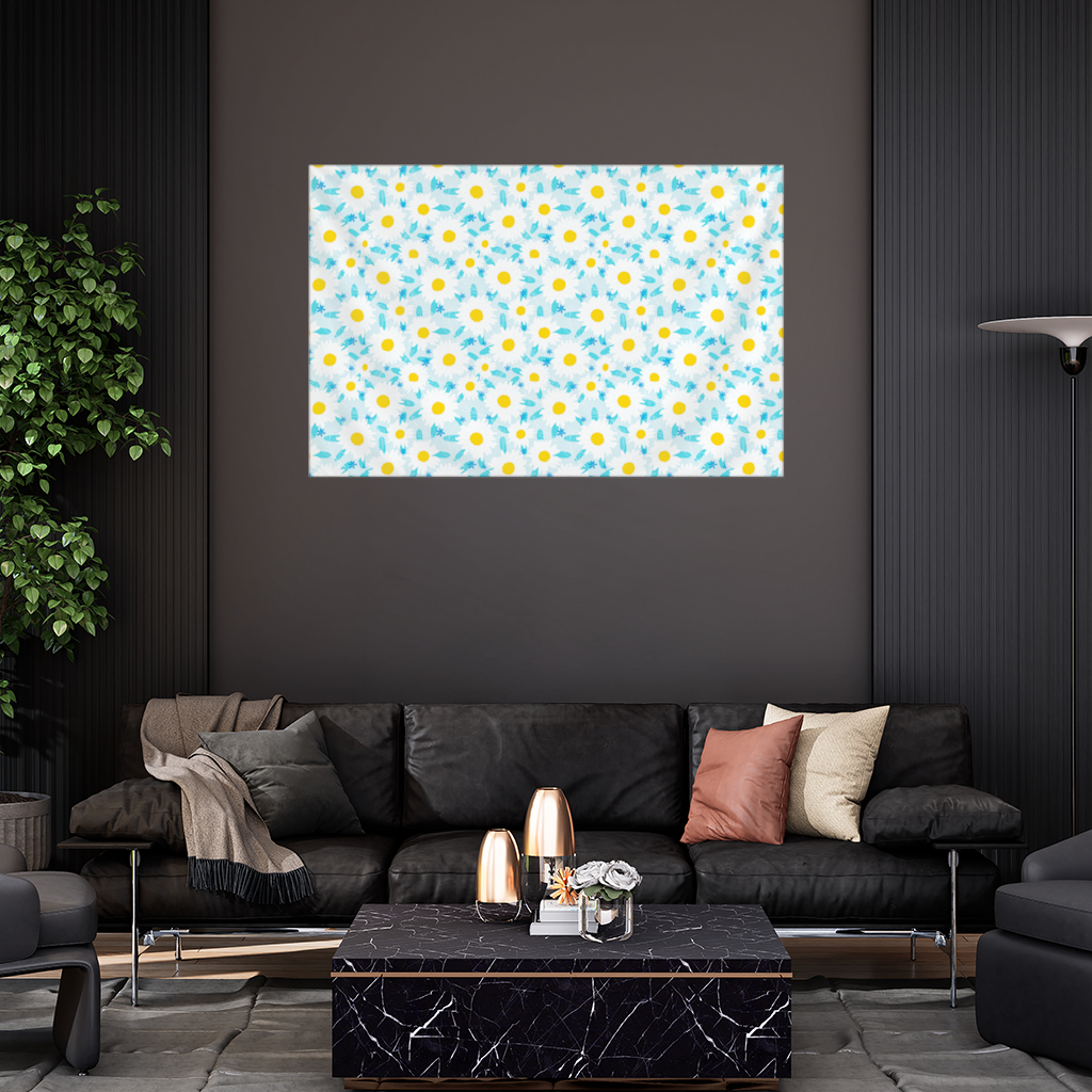 Daisy Garden and Turquoise Leaves Pattern Wall Tapestry