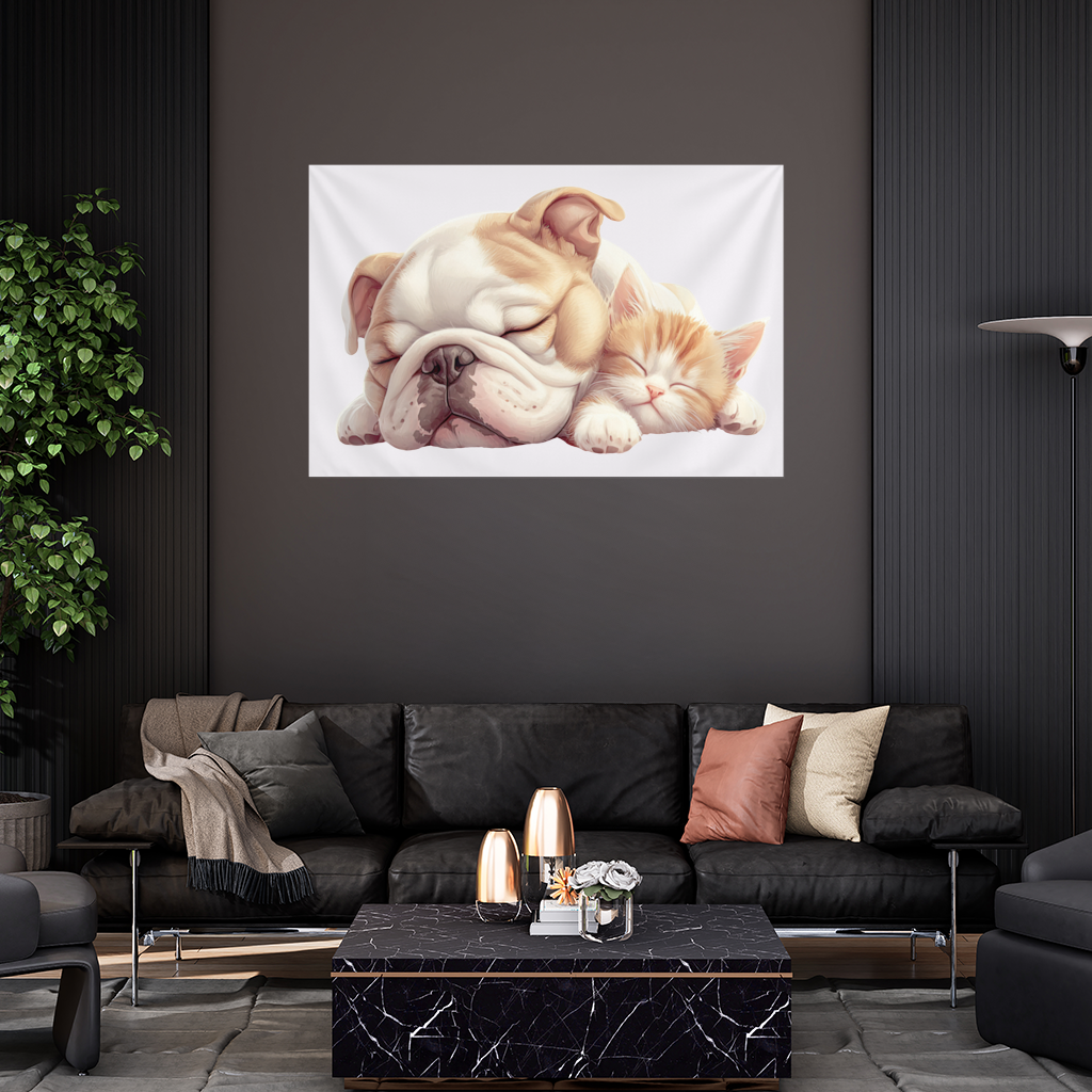 Uyuyan Buldog ve Yavru Kedi Duvar Örtüsü