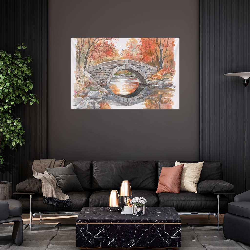 Autumn Stone Arch Bridge Over River Wall Tapestry