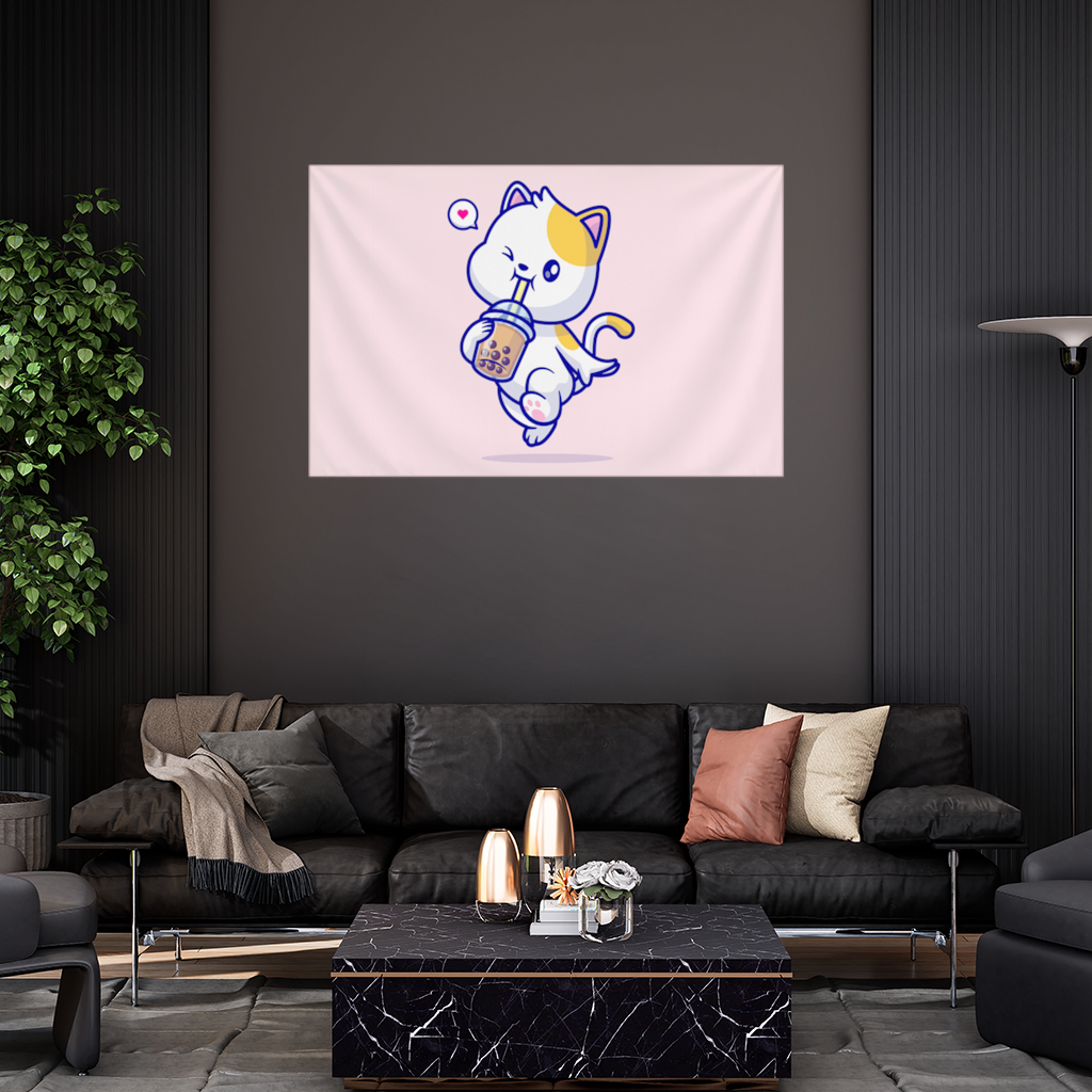 Boba Çayı İçen Kawaii Kedi Duvar Örtüsü