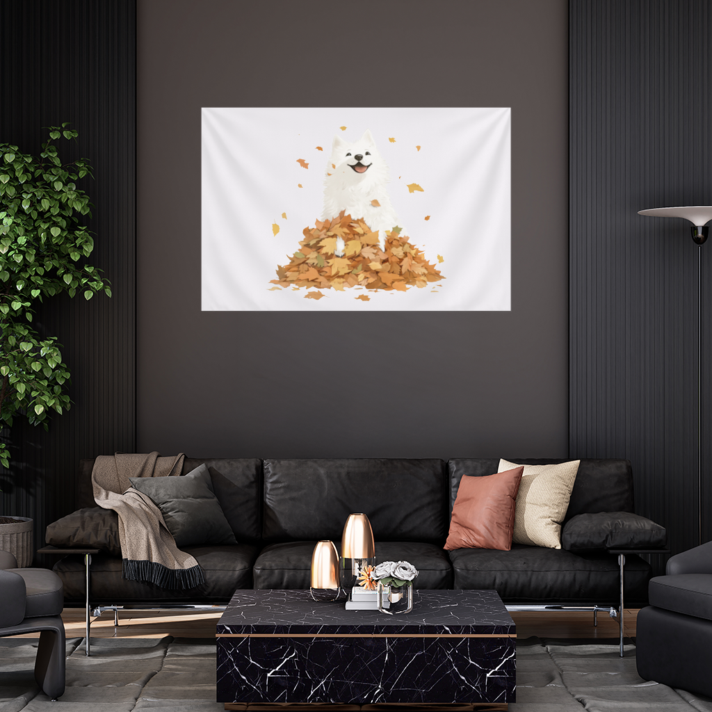 Happy White Dog in Autumn Leaves Wall Tapestry