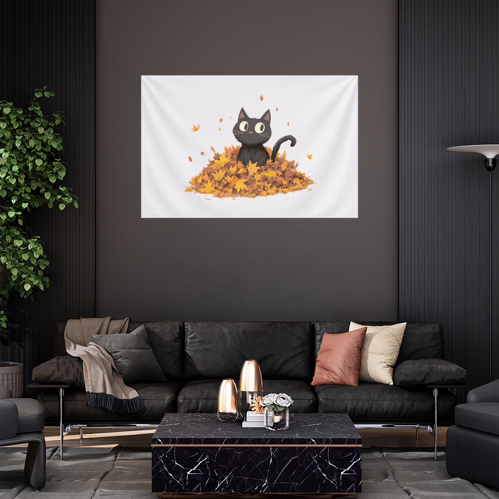 Sonbahar Yapraklarında Sevimli Siyah Kedi Duvar Örtüsü