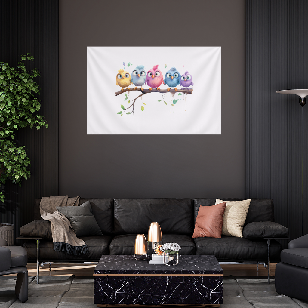 Daldaki Beş Renkli Kawaii Kuş Duvar Örtüsü