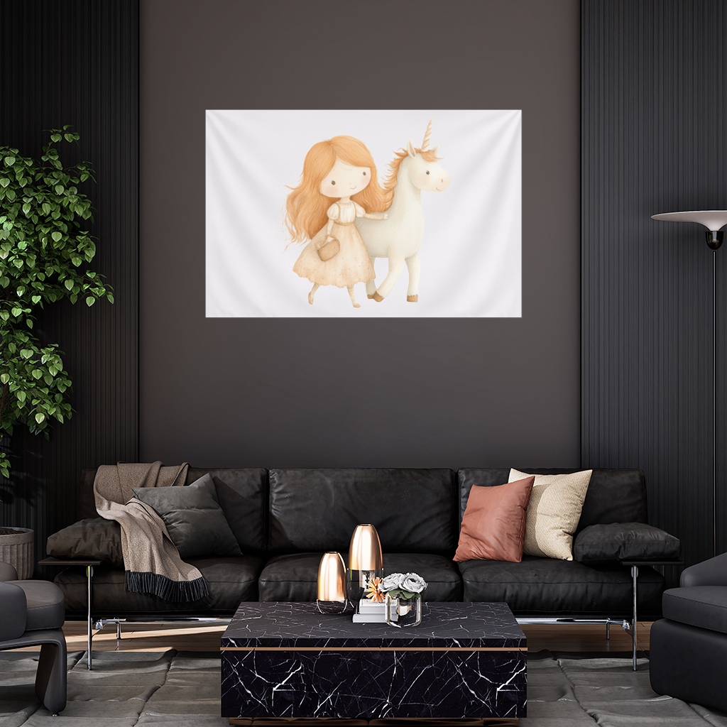 Ginger Girl with Whimsical White Unicorn Wall Tapestry