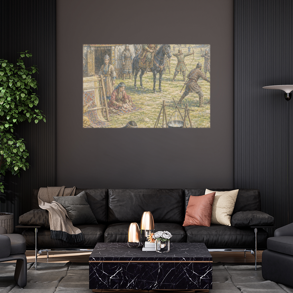 Ancient Steppe Heritage Historic Turkish Camp Scene Art Wall Tapestry
