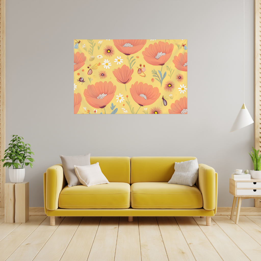 Çiçek ve Böcek Deseni Renkli Pattern Duvar Örtüsü